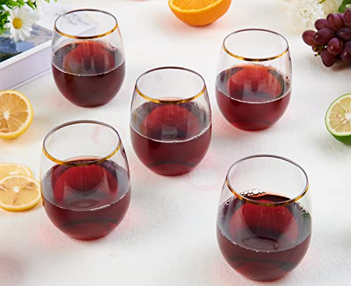 FOCUSLINE 32 Pack 12 OZ Plastic Wine Glasses, Stemless Disposable Wine Cups, Gold Rim Unbreakable Wine Glasses, Reusable Shatterproof Recyclable and BPA-Free Plastic Wine Cups - color: 12OZ-32-Gold Rim