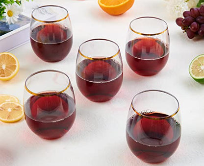 FOCUSLINE 32 Pack 12 OZ Plastic Wine Glasses, Stemless Disposable Wine Cups, Gold Rim Unbreakable Wine Glasses, Reusable Shatterproof Recyclable and BPA-Free Plastic Wine Cups - color: 12OZ-32-Gold Rim
