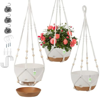 Self Watering Hanging Planter, 3 Pack 10 Inch Macrame Plant Hanger with Flower Pot, Metal Chain, S & Ceiling Hooks, Drainage Holes, Removable Saucer, Hanging Basket Holders for Indoor Plants - White - color: White