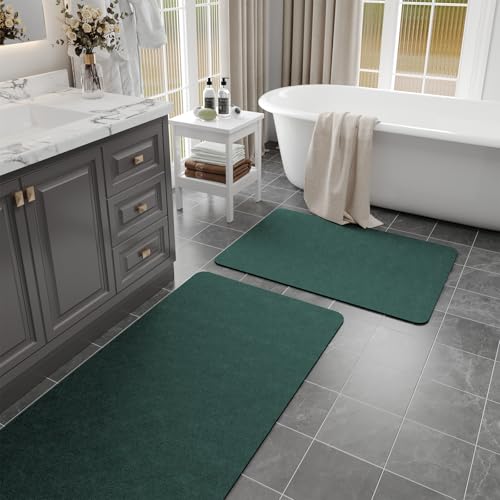Bathroom Mat Rugs Sets 2 Piece Stone Bath Mats for Bathroom, Dark Green | Non-Slip Thin Bath Mat Quick Dry Super Absorbent Diatomaceous Earth Bathroom Rug with Rubber Backed for Shower Floors - color: Dark Green, size: 47" x 17" + 24" x 17" (Rectangular)