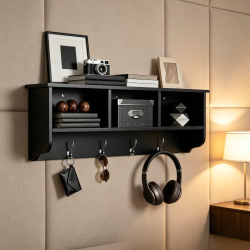 38.6inch Wall Mounted Entryway Coat Rack with Storage Shelf 4 Dual Hooks Wooden Storage Living Room Wall Cabinet with 3 Cubbies Space Saving Hanging Shelf for Hats Bags Coats (Espresso) - color: Espresso