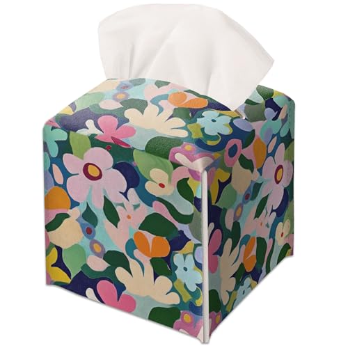 Modern Square Leather Tissue Box Cover/Case Holder Gifts for Women Family and Friends, Decorative Holder/Organizer for Bathroom Kitchen Nightstand Office Home (Colourful Floral) - color: Colourful Floral