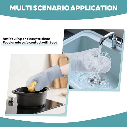 Silicone Oven Mitts Heat Resistant to 500°F – Non-Slip Waterproof Kitchen Gloves with Quilted Cotton Lining, 1 Pair (Grey)