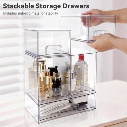 Hvygss Clear Stackable Storage Drawers, Countertop Bottle Organizer 5-Pack | Pull-Out Drawers, Waterproof, Dustproof, Bpa-Free, Space-Saving, For Vanity, Bathroom, Kitchen, Cabinet, Pantry