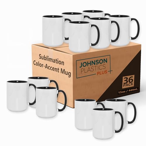 JPPlus 15oz Sublimation Mugs with Colored Handles & Interiors | Tazas para Sublimar, Bulk Mugs for Custom Designs & Branding | White Mugs Set of 12 or Case of 36- Black (36) - color: Black