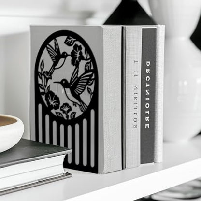 5.3"x4.3"x7.9" Metal Bookends, Heavy Duty Book Ends for Shelves | Hummingbird and Flower Theme Cast Iron Book Supports, 1 Pair Decor Stoppers for Desk, Library, Office & Home Shelves - style: Hummingbird and Flower
