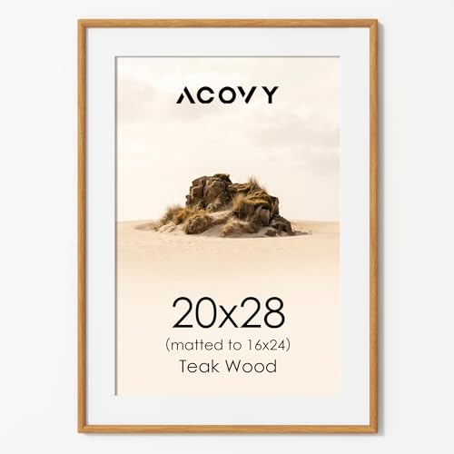 Acovy 20x28 Picture Frame, Natural Solid Teak Wood 20"x28" Photo Frame for Wall, Handcrafted Wooden Poster Frame 20 x 28 Matted to 16x24, High Definition Tempered Glass, Wall Hook Included, Natural Teak - color: Teak, size: 20"x28"