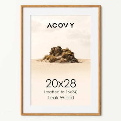 Acovy 20x28 Picture Frame, Natural Solid Teak Wood 20"x28" Photo Frame for Wall, Handcrafted Wooden Poster Frame 20 x 28 Matted to 16x24, High Definition Tempered Glass, Wall Hook Included, Natural Teak - color: Teak, size: 20"x28"