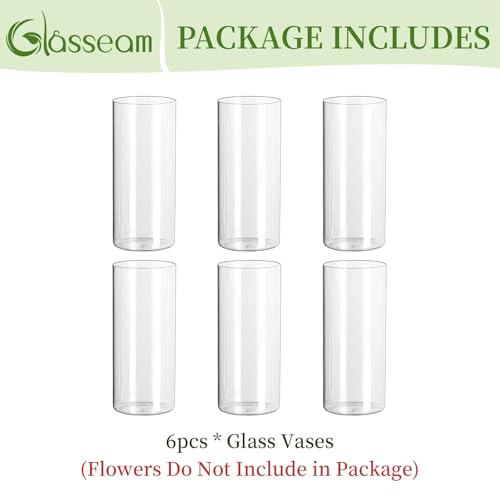 Glasseam Cylinder Vases for Centerpieces, 6Pcs Clear Glass Vase for Flowers | Hurricane Pillar, Floating Candle Holder, Modern, Small Home Decorations, Table Centerpieces, Wedding, Party, 8In - size: 8In