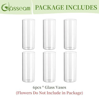Glasseam Cylinder Vases for Centerpieces, 6Pcs Clear Glass Vase for Flowers | Hurricane Pillar, Floating Candle Holder, Modern, Small Home Decorations, Table Centerpieces, Wedding, Party, 8In - size: 8In