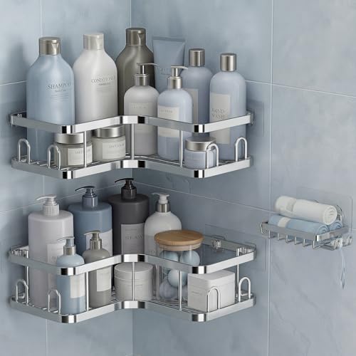 Veken Corner Shower Caddy 3-Pack, Advanced Rustproof Design&Stable Storage | No Drilling Adhesive Shelves, Rack with Soap Holder & Hooks, Thickened Metal Frame, Bathroom Organizers and Storage, Silver - color: Silver
