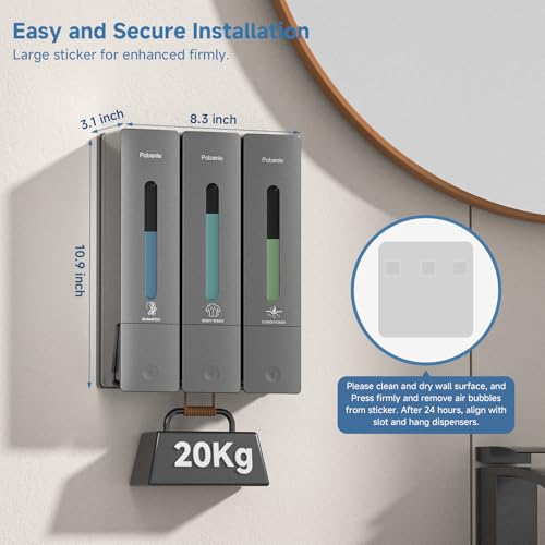Shampoo and Conditioner Dispenser - Shower Soap Dispenser Wall Mounted No Drill - Shampoo Conditioner Body Wash Dispenser 3 Chamber - Easy Install for Bathroom Hotel Gungrey 1200ml - color: Grey 3 Chamber