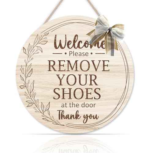 OLMIXA Please Remove Your Shoes Wooden Sign, No Shoes Welcome Hanging Sign | Minimalist Shoes Off with Bow Door Hanger, Remove Shoes Welcome Hanging Sign for Front Door Porch Entryway Decor(12x12 inch) - color: remove shoes