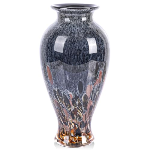 11.8" Tall Glass Vase Beautiful Hand Blown Glass Vase Modern Art Home Decor, Wide Mouth Colorful Vases for Mantle Dining Table Centerpiece, Entryway Living Room Wedding Decoration (Amber) - color: Amber