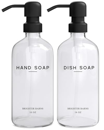 Clear Glass Hand and Dish Soap Dispenser Set by Brighter Barns - Kitchen Soap Dispenser Set & Pump - Glass Bottles for Kitchen Sink - Neutral Home Decor, Modern Farmhouse Bathroom Accessories (Clear) - color: Clear Hd