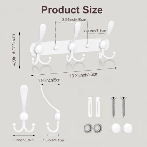YUNISS Coat Rack Wall Mounted，3 Tri Stainless Steel Coat Hook for Coat Hat Robes Towel in Mudroom Entryway (White, 2 Pack 3 Hook) - color: White, size: 2 Pack 3 Hook