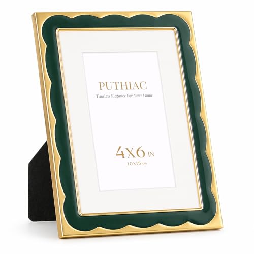 4x6 Scalloped Enamel Picture Frame, Gold Edge, Hidden Jade | Aluminum Alloy Frame, Enamel Inlay, Tempered Glass, 3x5 Mat, Wall or Tabletop Display for Shelves, Portraits, Art Prints - color: Hidden Jade, size: 4x6