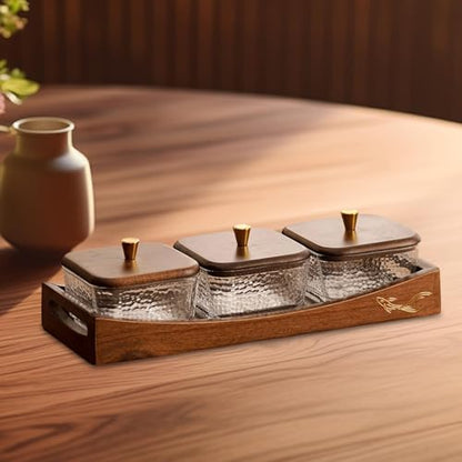 Divided Serving Tray with Lid, Made of Glass and Wood, Snack Bowl with Compartments for Fruit, Nuts, and Sweets. and Practical for Kitchen, of, 3 Compartments - size: 3 Compartments