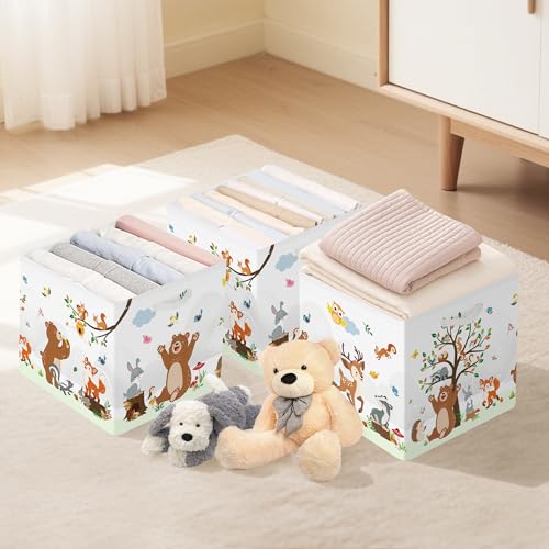 Clastyle 11.8" Animal Storage Basket Set of 3 for Kid Toy Clothes Bin | Collapsible Fabric Book Bin, Metal Frame Bottom Board, Cube Organizer, Closet Nursery Pantry Shelf Bedroom, Woodland Bear - color: Bear Giraffe