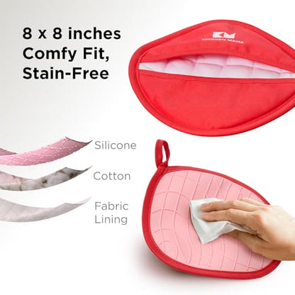 Kitchen Mama Silicone Pot Holders, Red | Heat Resistant, Non-Slip Surface, Dual Pocket Design, Soft Cotton Lining - color: Red