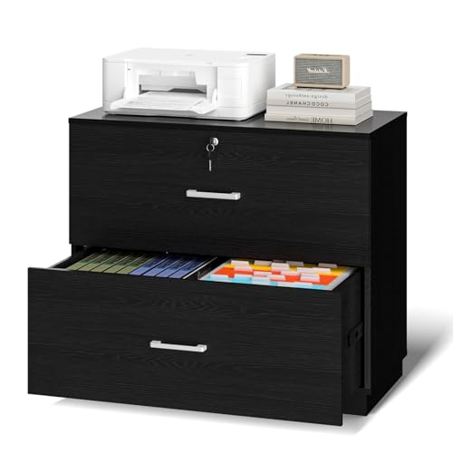 VINGLI 2 - Drawer Lateral File Cabinet with Lock, Lockable Wood Filing cabinets for Home Office, Wooden Printer Stand with 2 Drawers for Letter Legal A4 Size File Folder Storage, Archivador, Black - color: Black