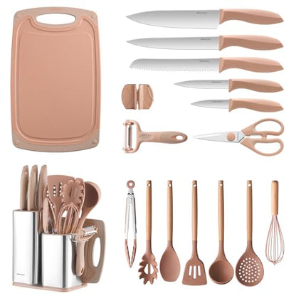 Utensil Sets,18-Piece Silicone Cooking Utensils and Knife Set,Mousse | Dishwasher-Safe Kitchen Utensils,Large Capacity Countertop Organizer for Knives,Utensils,Cutting Board - color: Mousse