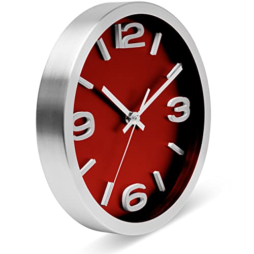 Bernhard Products Metal Wall Clock Modern Silver & Wine 10 Inch Silent Non Ticking, Red Round Elegant Quality Quartz Battery Operated for Home Kitchen Living Room Office, 3D Numbers - color: Silver & Wine