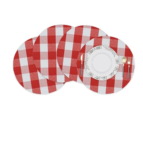 Red & White Round Placemat Buffalo Check Plaid Gingham 15 Inch eco-Friendly Fabric Handcrafted Machine Washable Indoor & Outdoor Tablemat Set of 4 - color: Plaids Red & White, size: Round Placemats 15"