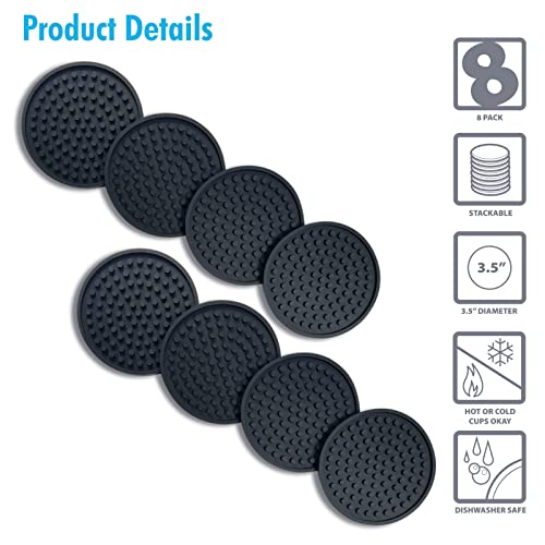 Better Kitchen Products 8 Piece Silicone Coaster Set, Black (Pack of 2) - size: 3.63" diameter (Pack of 2)
