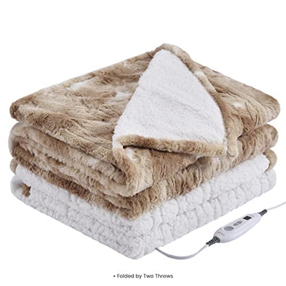 Bearhug Electric Blanket Throw Size, 50" x 60" Heated Blanket with 6 Heating Levels & 4H Auto Shut-Off, Machine Washable Soft Velvet to Sherpa Reversible Heated Throw for Office, Couch and Sofa - color: Champagne-faux Fur & Sherpa, size: Throw 50" × 60"