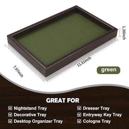 Wooden Valet Tray with Leather Base - Nightstand Catchall Organizer for Cologne, Perfume, Keys, Wallet, Phone, Watch, Jewelry & Sunglasses (Green) - color: Green
