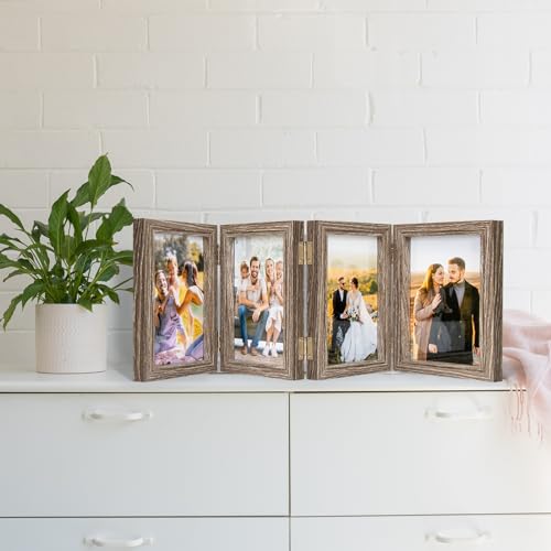 POILKMNI 4x6 In Four Picture Frame 4 Hinged Photo Frame with 4 Openings | Natural Wood Foldable Photo Frame High Definition Acrylic for Mothers Day Father's Day Christmas Gift, Family Picture, Gray - color: Gray, size: 4x6