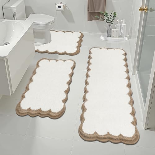 Pauwer Bathroom Rug Sets 3 Piece, Scalloped Bath Rugs, Beige and Khaki | Non Slip Washable Bath Mat With U-Shaped Toilet Rug, Extra Absorbent Quick Dry, For Floor Sink - color: Beige and Khaki