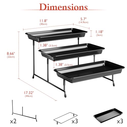 Bumusty 3-Tier Melamine Serving Tray Set, 11.5 x 5.6 in, Black Platters | Melamine Reusable Platters with Metal Display Stand for Cupcakes, Desserts, Fruit, Cookies, Parties, Birthdays and Holidays - color: Black Stand, size: 11.8" x 5.7"