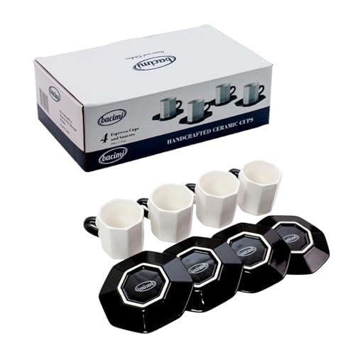 Bacimi® Mini Ceramic Espresso Cups with Saucer - Set of 4/2.7oz / 80ML - Small Drinking Cups with Handle - Dishwasher & Microwave Safe - Modern Italian Inspired Mugs for Coffee, Cocoa