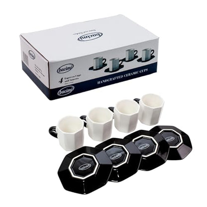 Bacimi® Mini Ceramic Espresso Cups with Saucer - Set of 4/2.7oz / 80ML - Small Drinking Cups with Handle - Dishwasher & Microwave Safe - Modern Italian Inspired Mugs for Coffee, Cocoa