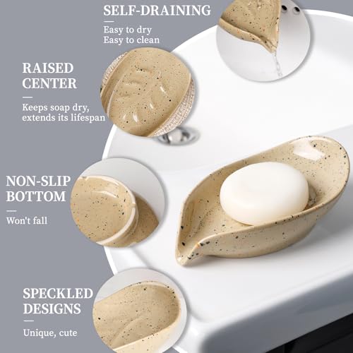 Soap Dish, Self Draining Soap Dishes 2PCS, Leaf Shape Ceramic Bar Soap Holder Drain Soap Dishes for Bathroom Sink Shower Kitchen, Easy to Clean Keeps Soap Dry, ANTIS'S HOME - color: Lightcurry-2pcs-enhanced Draining