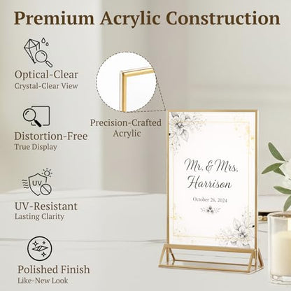 EHWINE 6 Pack Acrylic Sign Holder 4 x 6, Double Sided Gold Picture Frame Stand up Table Top Sign Holders, Clear Display Stand Menu Flyer Holder for Wedding Party