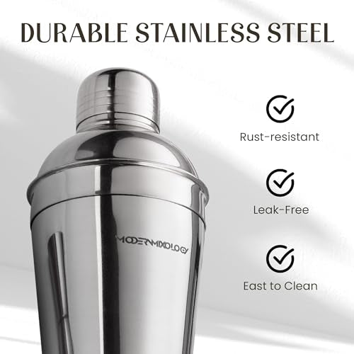 Cocktail Shaker Set - Bartender Kit with Pine Stand | Leak-Proof Design | Includes Martini Shaker, Jigger, Strainer, Spoon, Tongs | Perfect Bar Tools Gift for Home Mixology (Silver) - color: Silver / Dark Stand, size: 8 Pieces