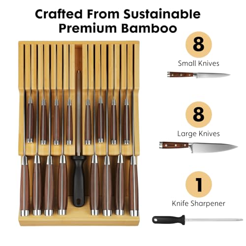 Bamboo Kitchen Drawer Knife Holder, In-drawer Knife Block, Knife Drawer Organizer fit for 16 knives and 1 steel sharpening | Compact design,17 Slots, Thicker Base Board, Large Drawer Knife Storage For Steak, Paring, Bread Knives, Sharpening Steel - size:
