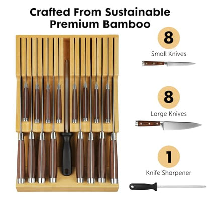 Bamboo Kitchen Drawer Knife Holder, In-drawer Knife Block, Knife Drawer Organizer fit for 16 knives and 1 steel sharpening | Compact design,17 Slots, Thicker Base Board, Large Drawer Knife Storage For Steak, Paring, Bread Knives, Sharpening Steel - size: