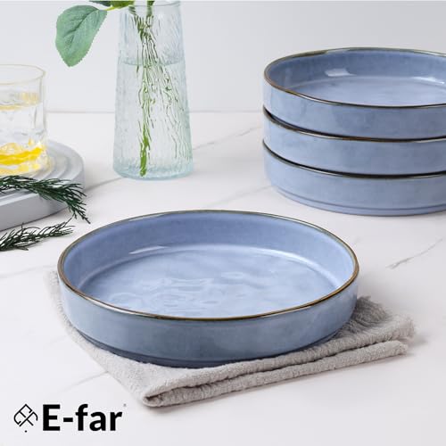 E-far Pasta Bowls Set of 4, 30oz Shallow Salad Bowls for Dinner Serving, 8.25" Stoneware Ceramic Bowl Plates for Noodle Soup, Microwave & Dishwasher Safe, Reactive Glaze, Blue - color: Blue