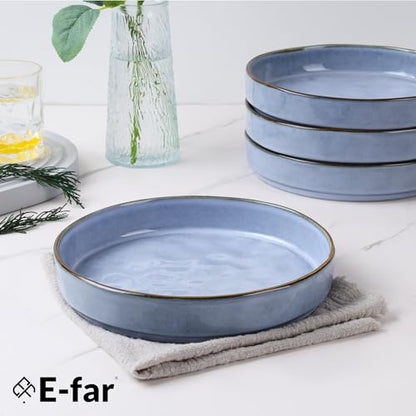 E-far Pasta Bowls Set of 4, 30oz Shallow Salad Bowls for Dinner Serving, 8.25" Stoneware Ceramic Bowl Plates for Noodle Soup, Microwave & Dishwasher Safe, Reactive Glaze, Blue - color: Blue