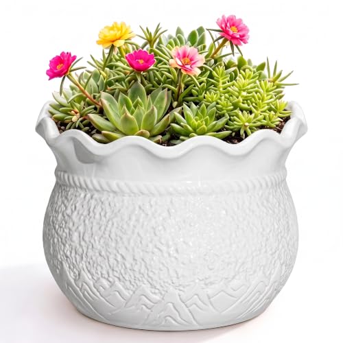 Ceramic Plant Pots 8 Inch, Indoor Planter with Drainage Hole, White | Round Flower Pot for Indoor Plants, Unique Decorative Plant Pot, Garden Patio Apartment Decor, Gifts for Gardeners - color: White, size: 8 Inch