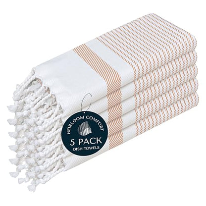 Beige Turkish Kitchen Towels 16x26 Inch, 5 Pack, 100% Cotton, Ultra Absorbent, Soft, Fast Dry, Machine Washable, Dish Towel with Tassels for Drying Dishes, Cleaning, Everyday Use - color: Beige, style: 5 Pack