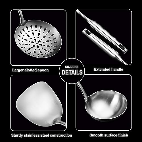 Cooking Utensils Set Stainless Steel Kitchen Metal Serving Utensils Set of 6 Pcs-Wok Spatula Ladle Set, Slotted Skimmer, Pasta Server, Serving Spoon, Slotted Spatula Tunner,Dishwasher Safe