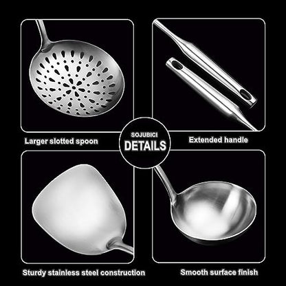 Cooking Utensils Set Stainless Steel Kitchen Metal Serving Utensils Set of 6 Pcs-Wok Spatula Ladle Set, Slotted Skimmer, Pasta Server, Serving Spoon, Slotted Spatula Tunner,Dishwasher Safe