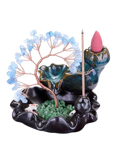 Jovivi Backflow Incense Burner Ceramic Incense Waterfall, Natural Aquamarine Healing Crystal Money Tree Incense Holder for Wealth, Good Luck, Yoga Meditation, Home Decor - color: Aquamarine