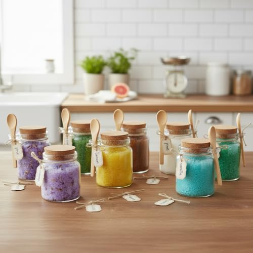 Sugar Scrub Containers, Bath Salt Jar, Spice Jars with Bamboo Spoon, Body Scrub Containers, 8oz Sugar Scrub Jars, Homemade Butter Container W/ Labels and Cleaning Brush, 12 Pack - color: 12 pack