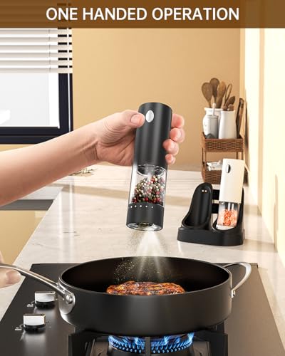 CIRCLE JOY Electric Salt and Pepper Grinder Set Automatic Salt and Pepper Mills Set with Easy-to-Carry Charging Base and LED Light, USB Rechargeable, Upgrade External Adjustable Coarseness - color: White&Black
